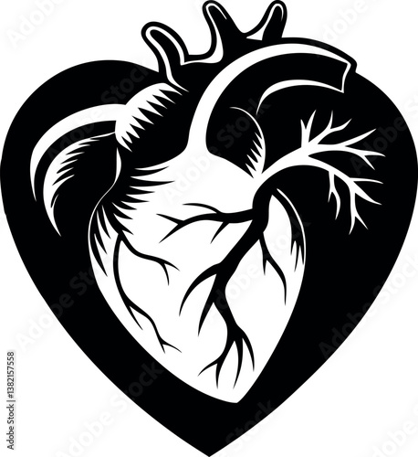 Anatomical Heart Illustration in a Heart vector silhouette Shape Black and White Graphic Design