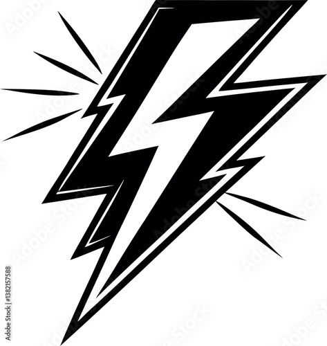 A Bold Black and White Illustration of a vector silhouette Lightning Bolt with Sharp Edges and Dynamic Rays