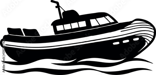 Black and White Silhouette of a vector silhouette Rigid Inflatable Boat Sailing on Waves