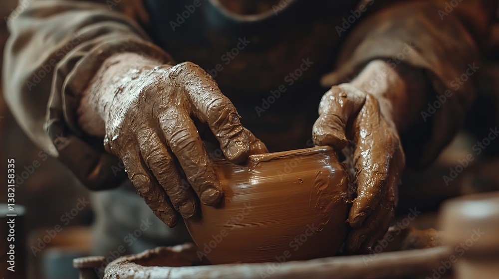 Old-fashioned potter shaping clay pot on traditional wooden wheel, close-up Old-fashioned potter shaping clay pot on traditional wooden wheel, close-up