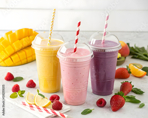 Three Vibrant Fruit Smoothies with Straws