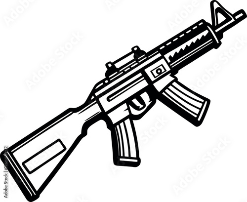 A detailed illustration of a black vector silhouette and white assault rifle firearm weapon