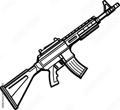 A detailed line drawing of vector silhouette a military assault rifle weapon