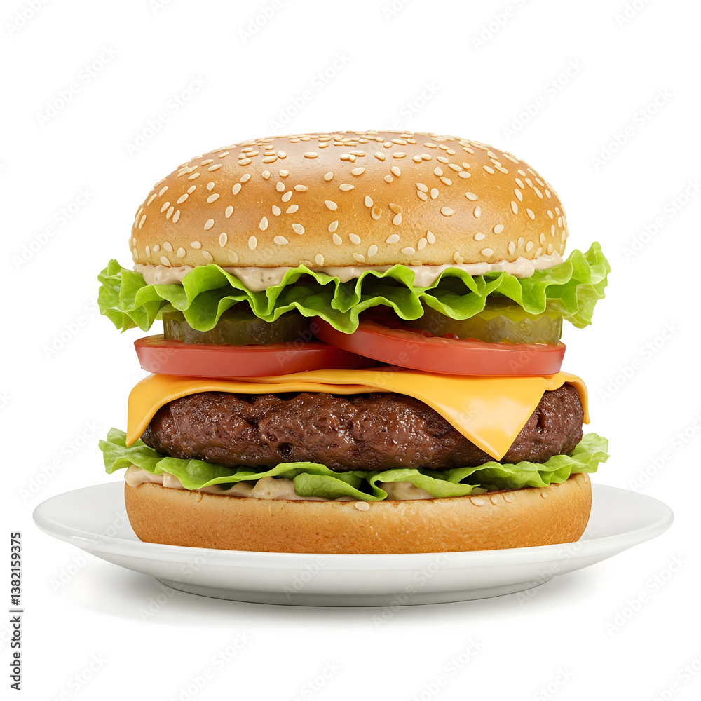 Burger Bliss: A mouthwatering, photorealistic image of a perfect burger, meticulously crafted with fresh ingredients on a crisp sesame seed bun, presented on a clean white plate. Burger Bliss: A mouthwatering, photorealistic image of a perfect burger, meticulously crafted with fresh ingredients on a crisp sesame seed bun, presented on a clean white plate.
