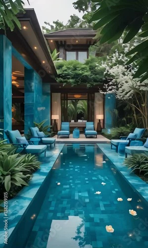 a luxurious villa garden featuring a stunning swimming pool with crystal-clear water.