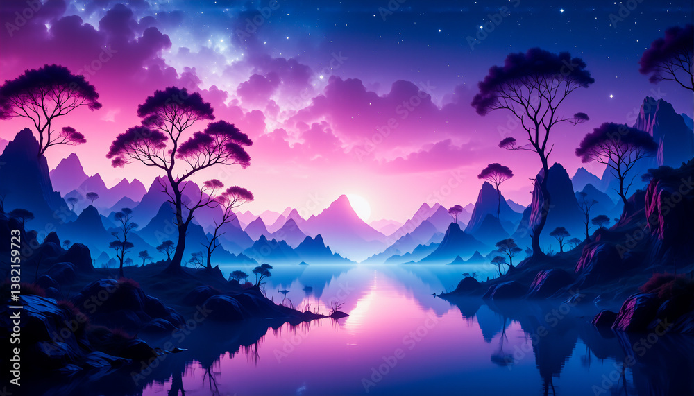 Naklejka premium A serene landscape at dusk or dawn features majestic mountains, a tranquil lake reflecting a vibrant pink and blue sky, and silhouette trees dotting the scenic view.