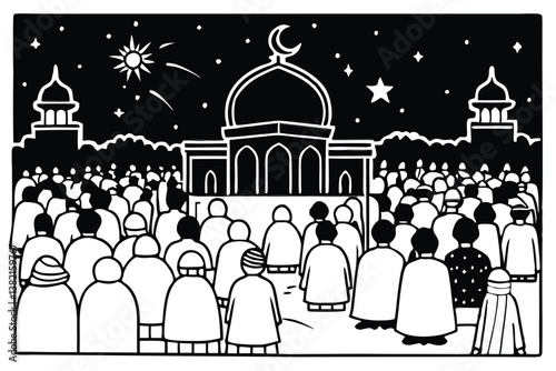 Islamic prayer gathering, with a large group of Muslim men and women facing the mosque, performing prayers together in unison