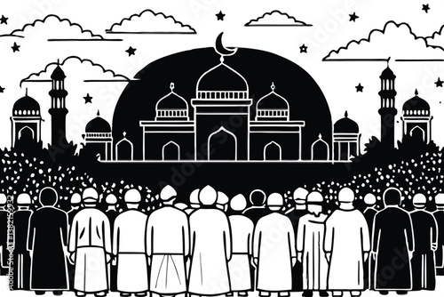 A group of Muslims performing prayers during sunset, highlighting the unity and spirituality of a religious congregation