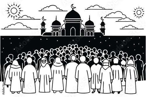 Men and women in Islamic prayer at an outdoor mosque, representing unity, peace, and devotion in a large group setting