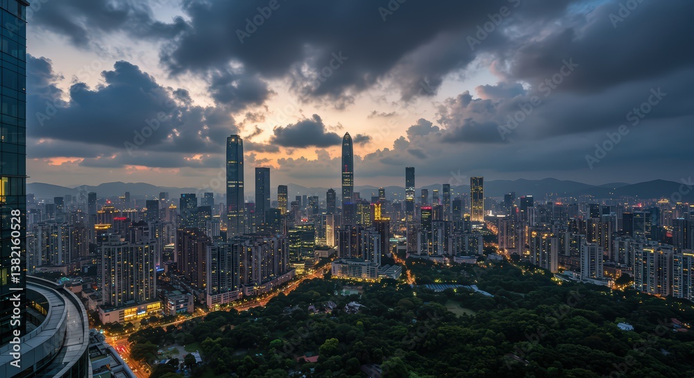Fototapeta premium Shenzhen Cityscape at Dusk: A Panoramic View of Modern Architecture and Urban Development