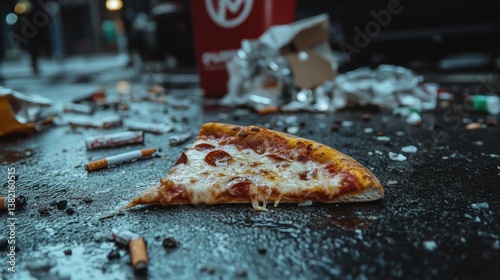 A soggy pizza slice abandoned on the pavement, encircled by fast-food wrappers and scattered cigarette butts