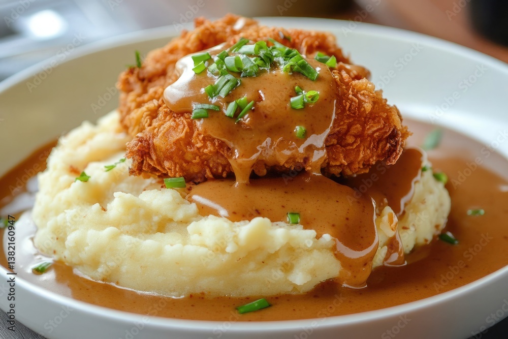 Golden Fried Chicken on Creamy Mashed Potatoes Drizzled with Savory Brown Gravy Golden Fried Chicken on Creamy Mashed Potatoes Drizzled with Savory Brown Gravy
