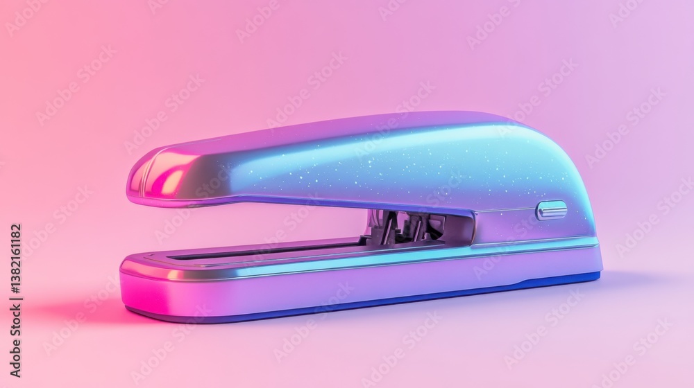 A vibrant, modern stapler with a glossy finish, featuring a gradient of purple and blue colors against a soft background.