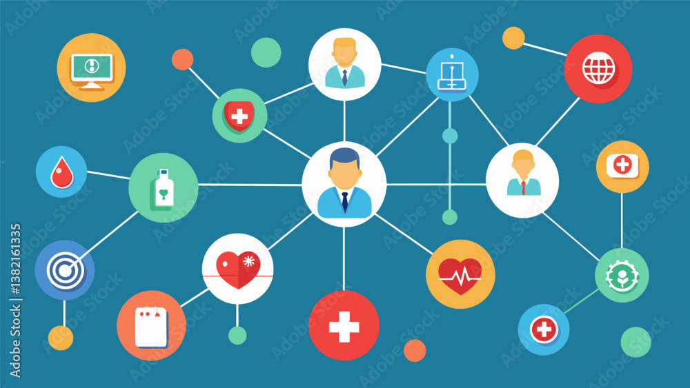 A network diagram showcasing the relationships between various risk factors and their impact on patient health as predicted by healthcare data analysis.. Vector illustration A network diagram showcasing the relationships between various risk factors and their impact on patient health as predicted by healthcare data analysis.. Vector illustration