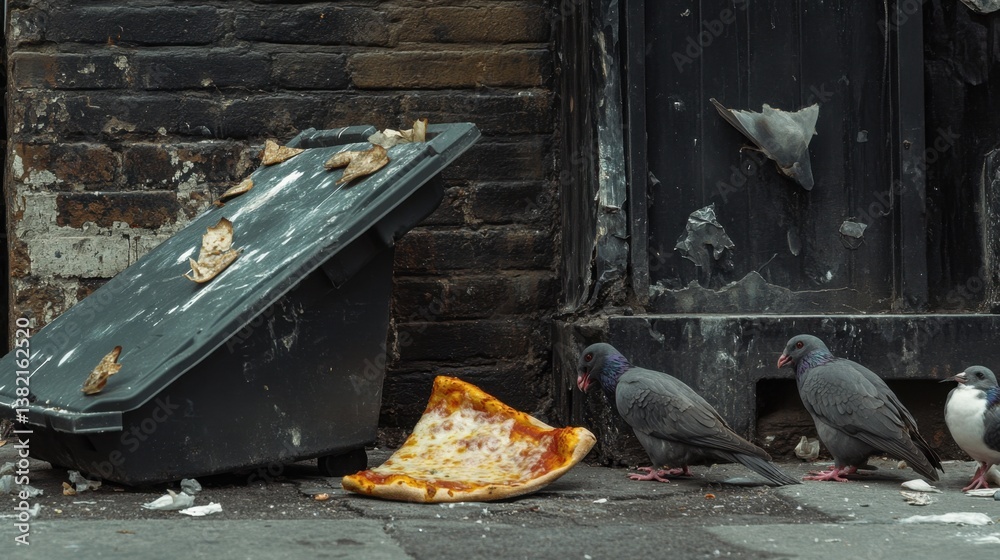 A stale pizza slice tossed near an overflowing trash bin, with rats and pigeons lurking nearby in the urban setting A stale pizza slice tossed near an overflowing trash bin, with rats and pigeons lurking nearby in the urban setting