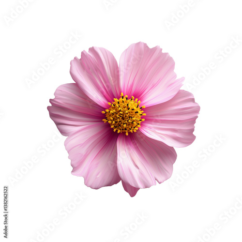 A delicate pink flower with intricate petals and a vibrant yellow center.