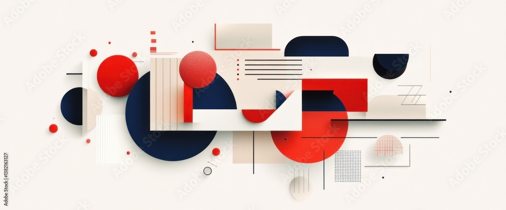 Naklejka premium Abstract geometric shapes in red, beige, and dark blue, layered and overlapping on a white background