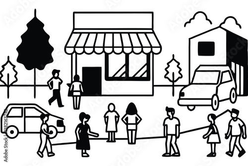 Busy city street with people shopping and walking in front of local stores, cafes, and businesses, capturing the essence of urban life and commerce