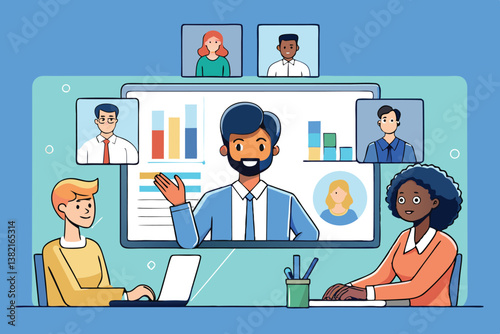 Professionals from different backgrounds in a virtual meeting, working together via a video conference, with visual data on the screen