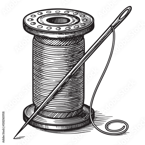 spool of threads and needle engraving vector illustration