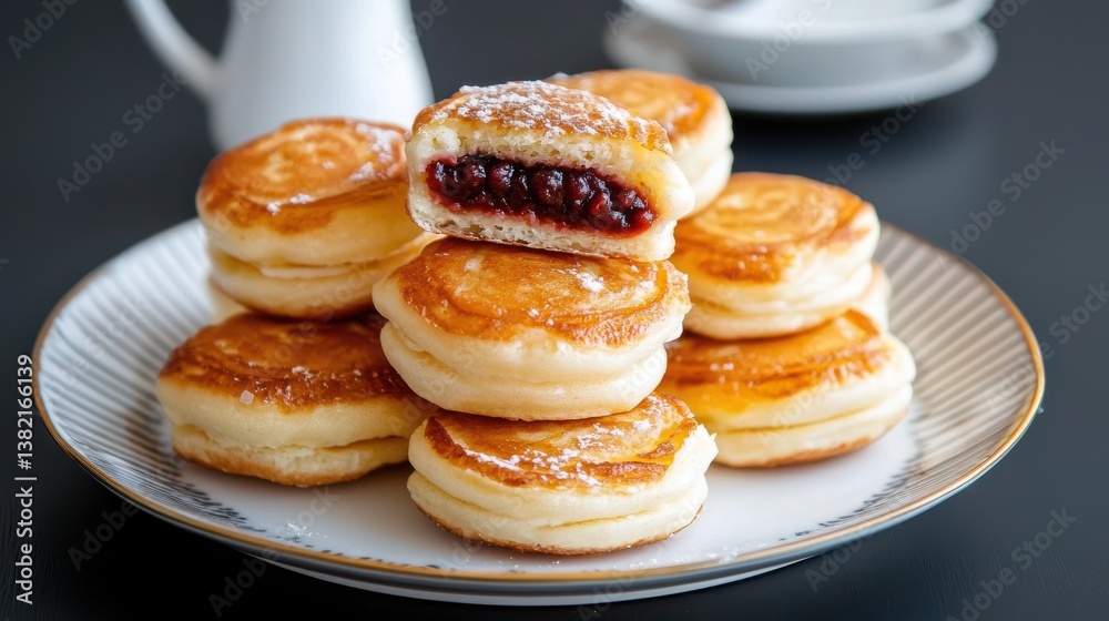 Delicious Breakfast Plate of Fluffy Pancakes Topped with Sweet Jam Delight Delicious Breakfast Plate of Fluffy Pancakes Topped with Sweet Jam Delight