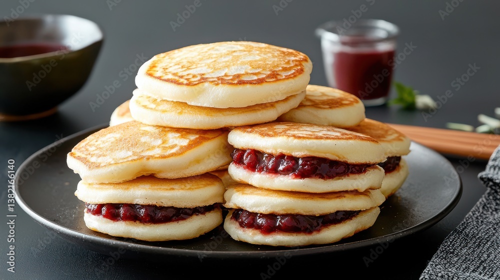 Delicious Stack of Fluffy Pancakes Topped with Sweet Jam on Plate Delicious Stack of Fluffy Pancakes Topped with Sweet Jam on Plate