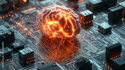 Brainpower:  A fiery brain rests on a circuit board, symbolizing the intersection of intelligence and technology, AI, and the future of computing.