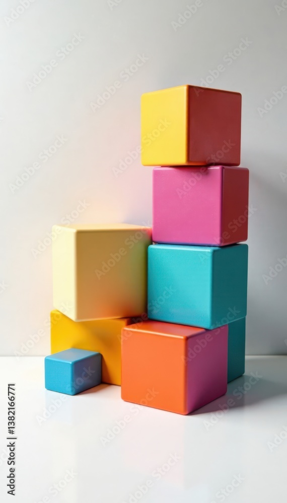 Obraz premium Colorful shifted cuboid blocks covering plain white surface, geometric shapes, plain white