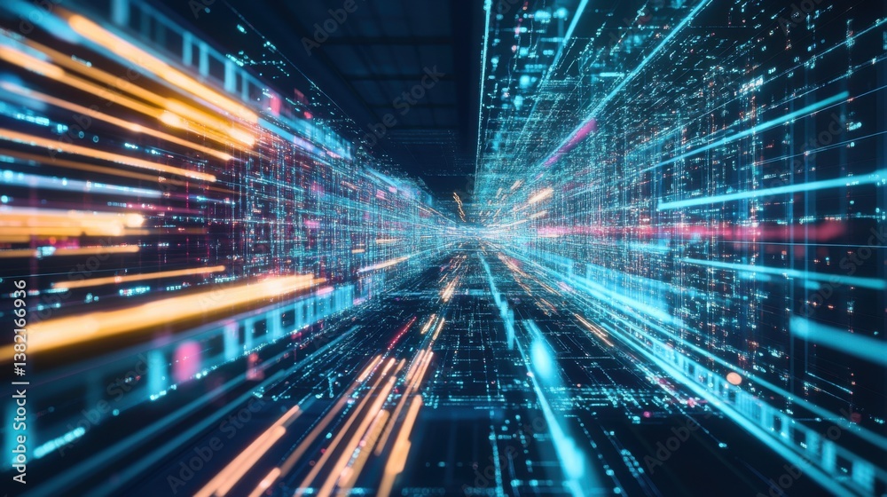 A dynamic abstract visualization of data streams, showcasing vibrant colors and rapid movement, symbolizing technology and connectivity.