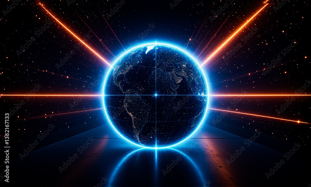 Obraz premium Neon blue globe encircled by vibrant orange laser beams against a dark cosmic backdrop with stars and a reflective surface.