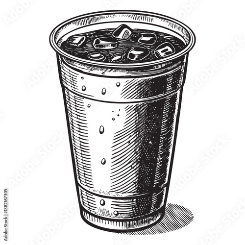 plastic cup of cold coffee engraving vector illustration