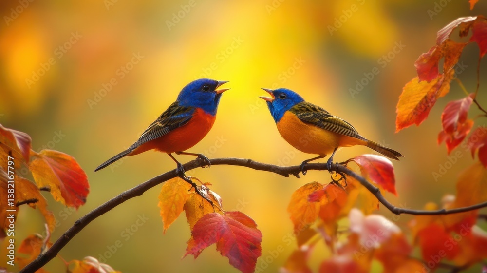 Fototapeta premium A stunning capture of two birds with vibrant plumage exchanging a song on a branch, surrounded by fall foliage.