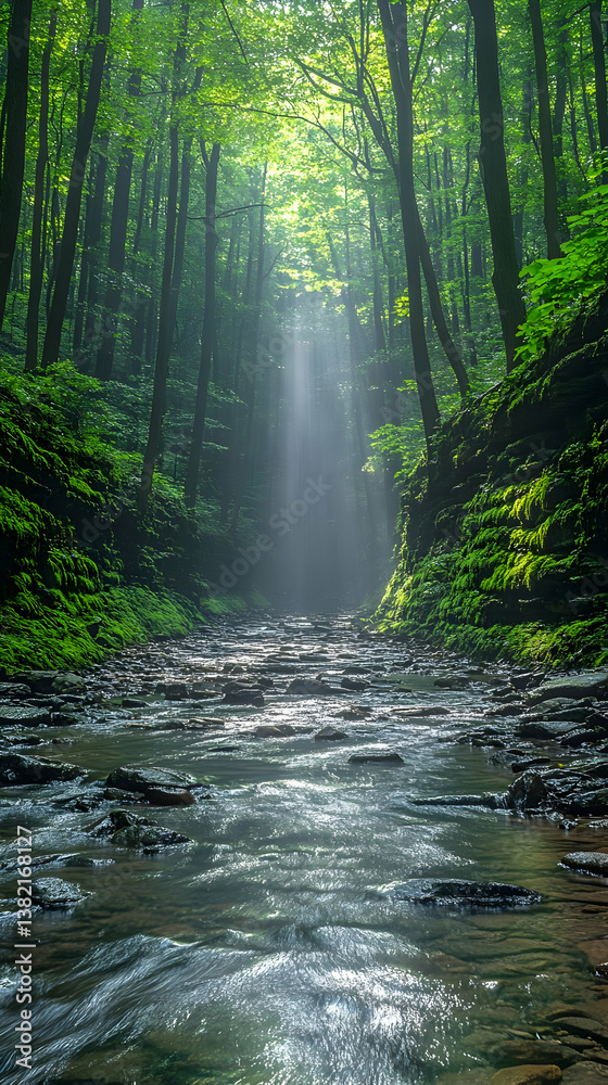Obraz premium Forest Stream Sunlight Realistic Image