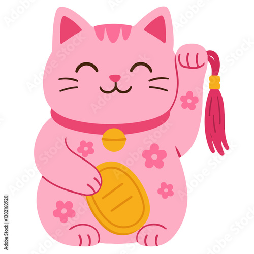 Cute pink lucky cat illustration in trendy flat cartoon style. Maneki-neko decorated with cherry blossom flowers and a gold coin. Perfect for new year, greeting cards and kawaii designs
