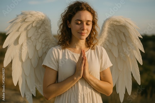 Serene angelic figure outdoors.