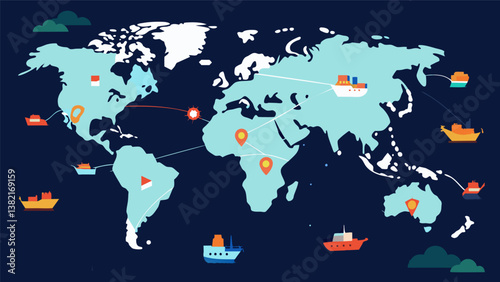 A map visualization showcasing the movement of cargo ships across the world emphasizing the vast amount of data needed to track global shipping operations.. Vector illustration