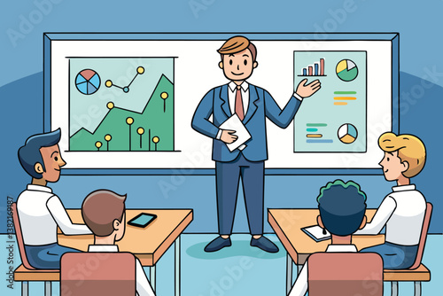 Startup founder confidently presenting a business idea and product design to a group of investors