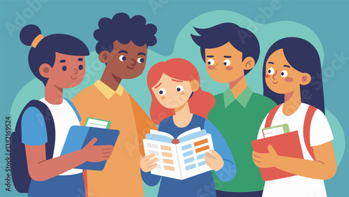 A group of students huddled together going over their schedule and timetables trying to calm each others nerves on the first day.. Vector illustration