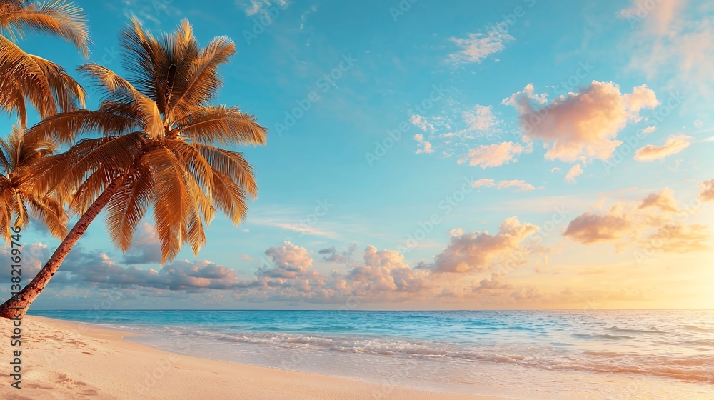 Obraz premium Serene Tropical Beach Sunset Scene Palm Trees and Azure Ocean Waves