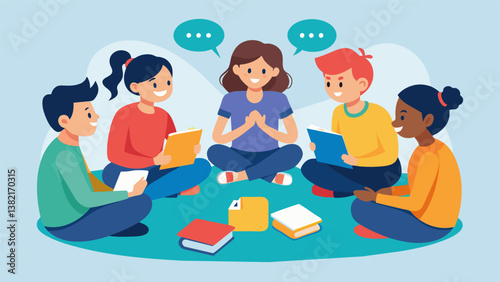 A group of students sitting in a circle taking turns spelling words out loud and providing constructive feedback to one another.. Vector illustration