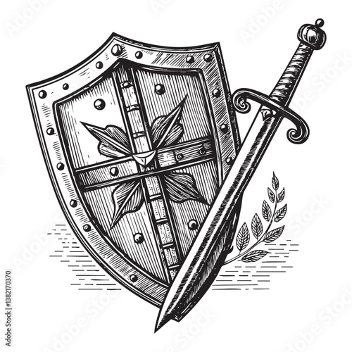 medieval knight shield and sword engraving vector illustration