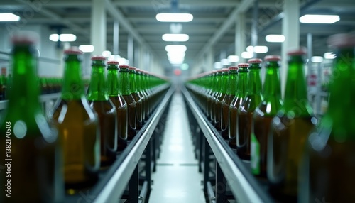 Bottles on a conveyor belt at a manufacturing facility showing the production process of beverages in a modern plant