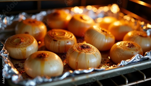 Perfectly roasted onions in a baking tray inside a hot oven enhancing delicious flavors
