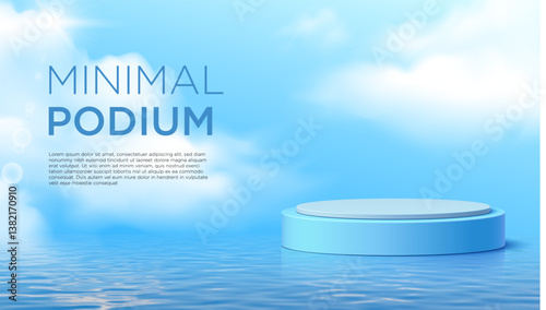 A 3D minimalistic blue podium floating above a calm water surface with a bright sky and soft clouds in the background. Ideal for product display, branding visuals, or summer-themed advertisements