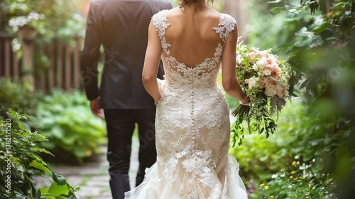 Obraz na płótnie A bride and groom walking in a garden, wearing a white wedding dress with lace details and holding a bouquet of flowers w salonie