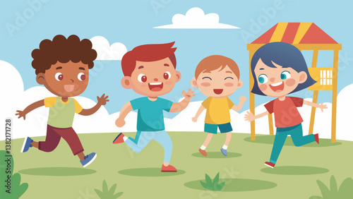 A group of giggling children chase and dodge each other around the playground trying to avoid being tagged.. Vector illustration