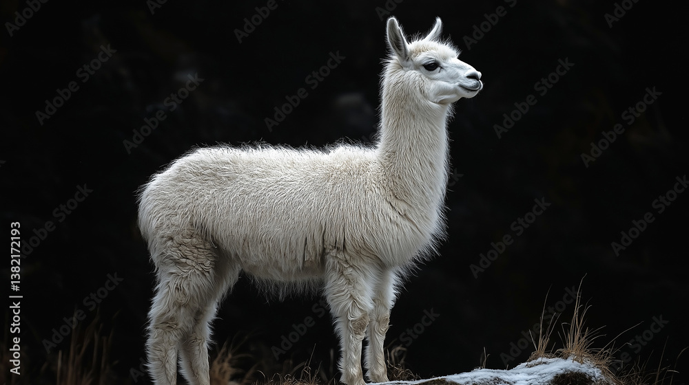 Full body of White Alpaca Standing on black background Full body of White Alpaca Standing on black background