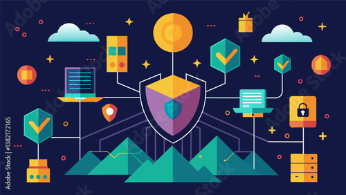 A matrix of symbols and codes constantly moving and changing creating a digital fortress to protect sensitive data.. Vector illustration