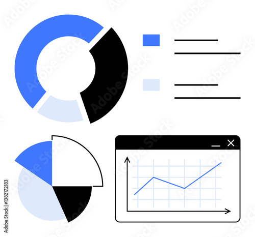 Circular pie charts, color-coded sections, line graph inside browser window, axis labels for trends. Ideal for analytics, reports, growth, market research, finance data visualization flat simple