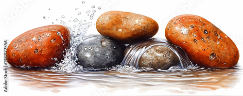Obraz na płótnie Waterfall Over Smooth Stones Illustration w salonie
